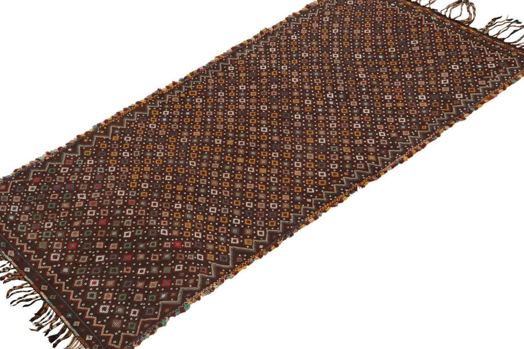 Vintage Tribal Kilim In Brown With Polychromatic Diamond Patterns