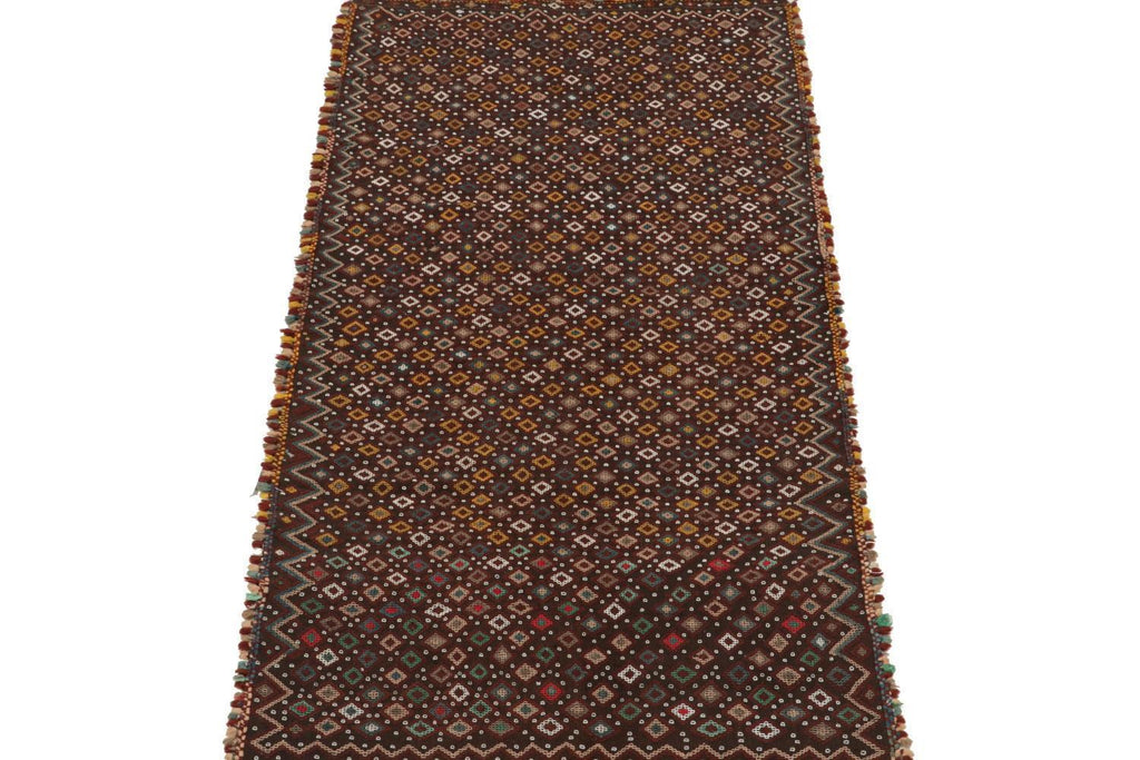 Vintage Tribal Kilim In Brown With Polychromatic Diamond Patterns