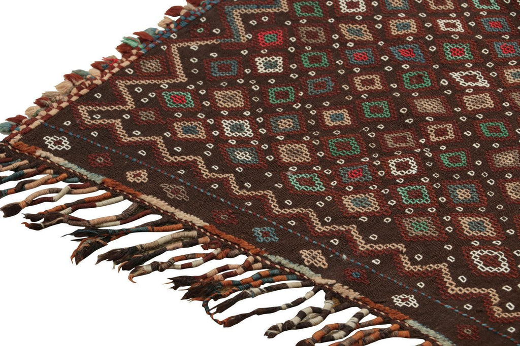 Vintage Tribal Kilim In Brown With Polychromatic Diamond Patterns