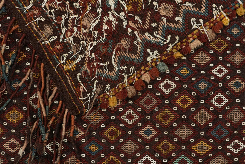 Vintage Tribal Kilim In Brown With Polychromatic Diamond Patterns