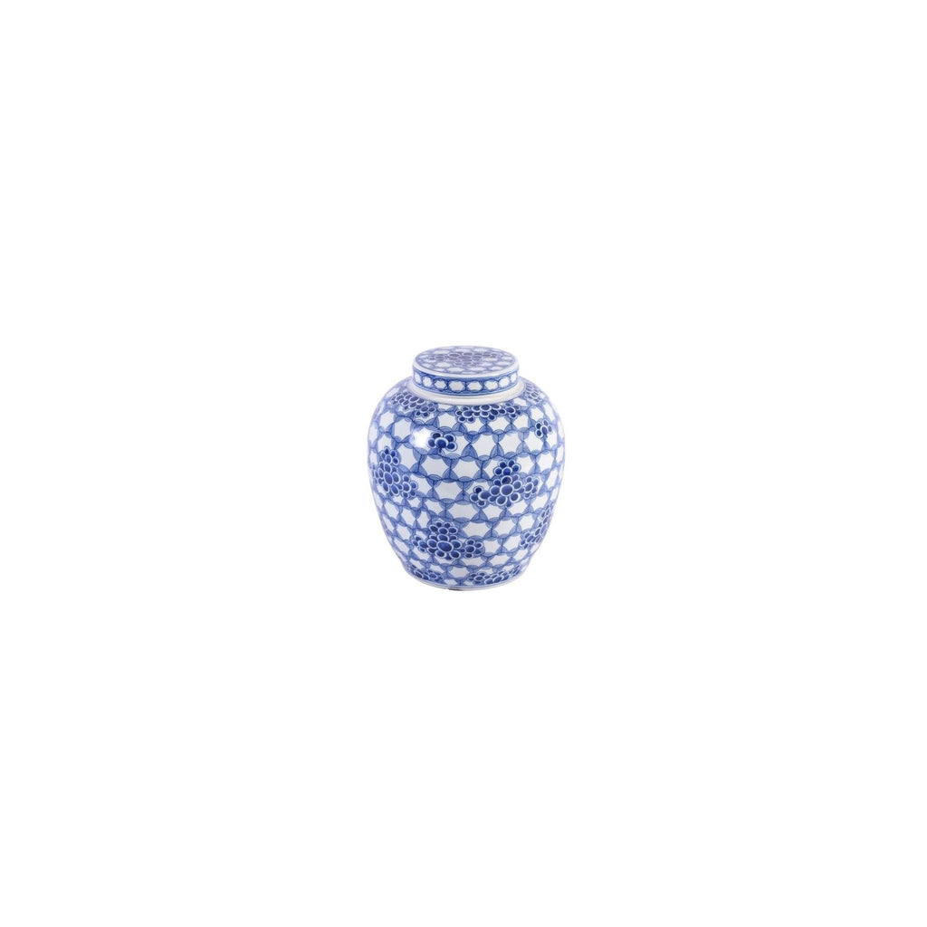 Blue and White Honeycomb Floral Lidded Ming Jar