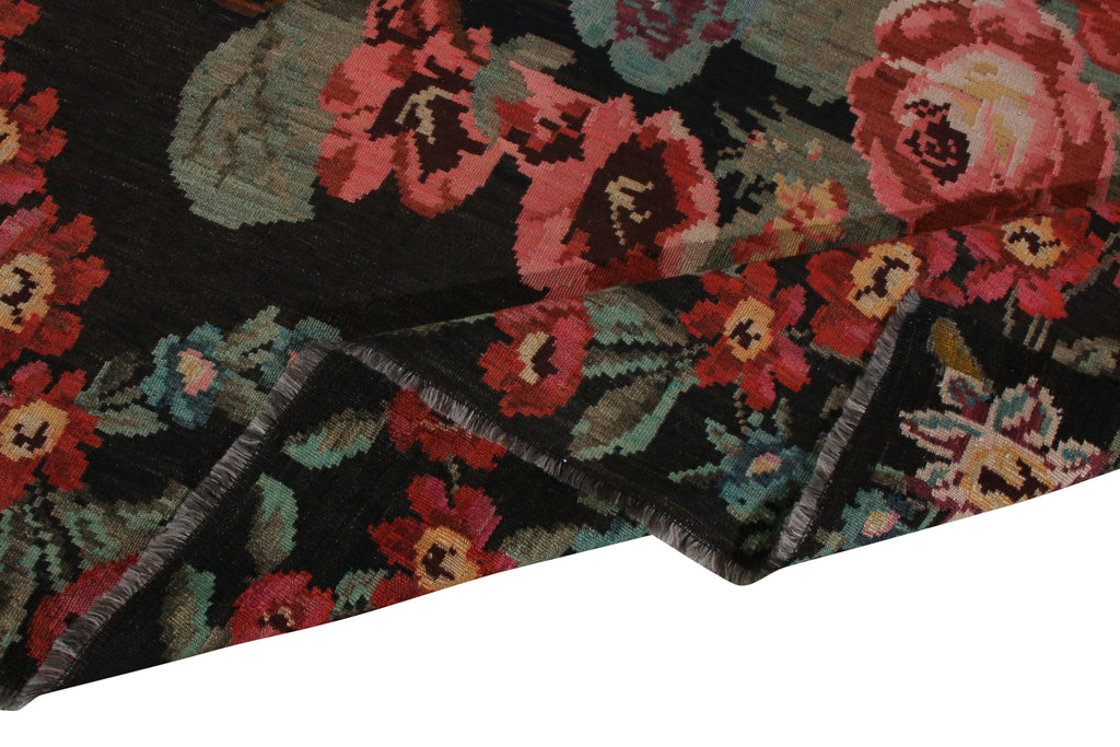 Vintage Bessarabian Kilim Black Red Blue Floral Flat Weave Wool Rug - 12258