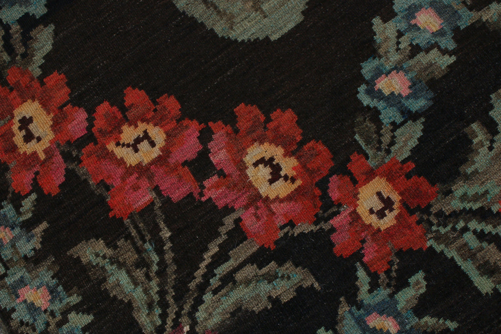 Vintage Bessarabian Kilim Black Red Blue Floral Flat Weave Wool Rug - 12258
