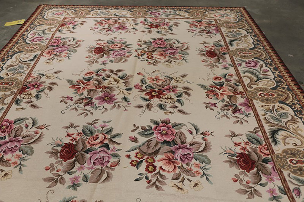 Needlepoint Cream Pink And Green Wool Floral Rug - 12271