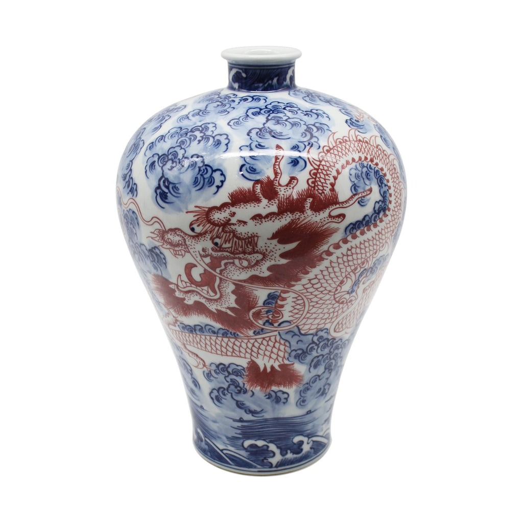 Blue and White Plum Vase With Cooper Red Dragon