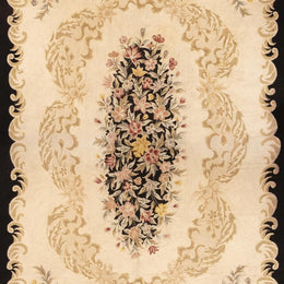 Vintage Beige And Black Hand Hooked Wool Floral Rug 12280