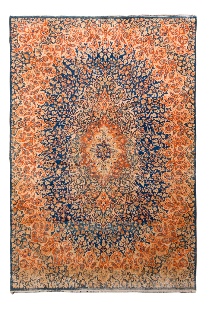 Hand-Knotted Mid-Century Vintage Kashmir Rug In Blue And Gold Floral Pattern - 12306