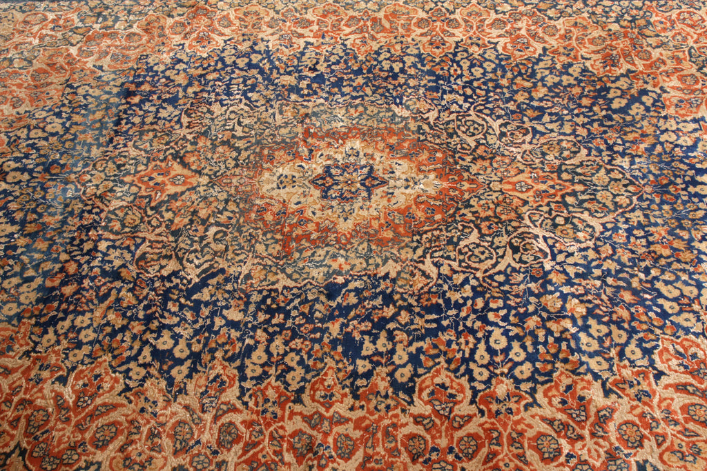 Hand-Knotted Mid-Century Vintage Kashmir Rug In Blue And Gold Floral Pattern - 12306
