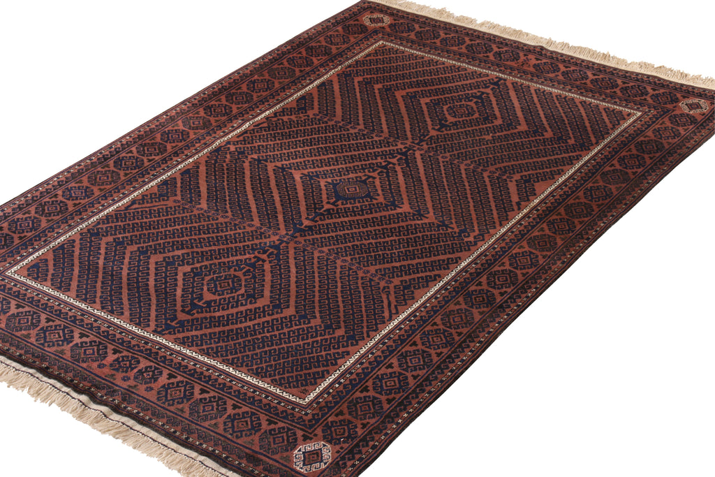 Hand-Knotted Vintage Persian Baluch Rug In Rust Brown And Blue Geometric Pattern - 12323
