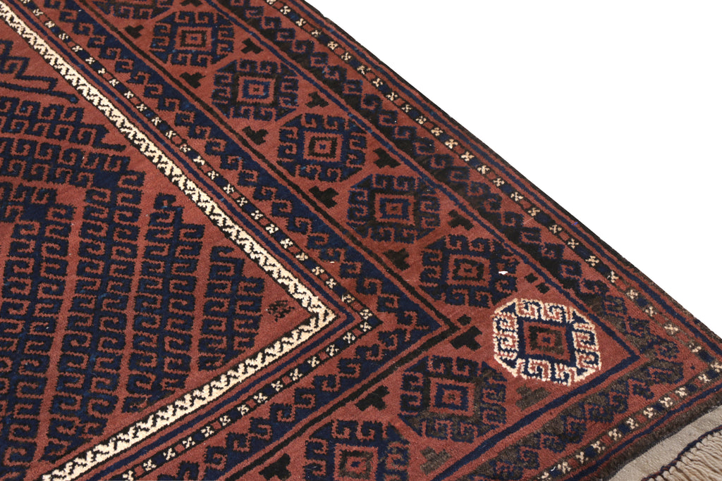 Hand-Knotted Vintage Persian Baluch Rug In Rust Brown And Blue Geometric Pattern - 12323