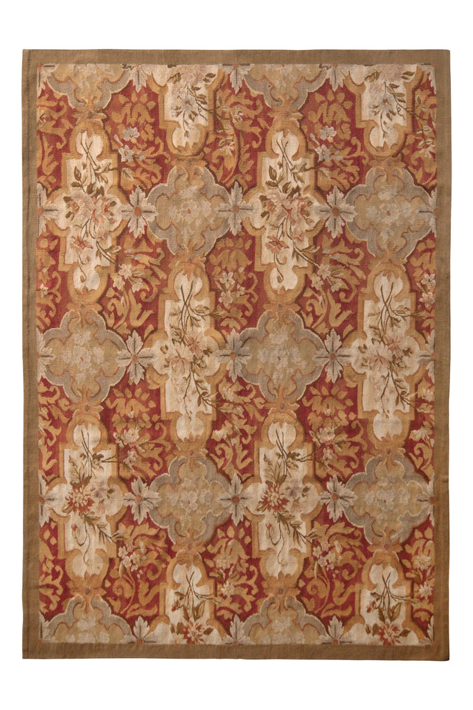 Aubusson Style Flat Weave Hand Woven Beige-Brown Red Floral Pattern - 12442