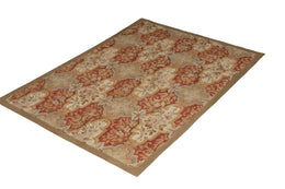 Aubusson Style Flat Weave Hand Woven Beige-Brown Red Floral Pattern - 12442