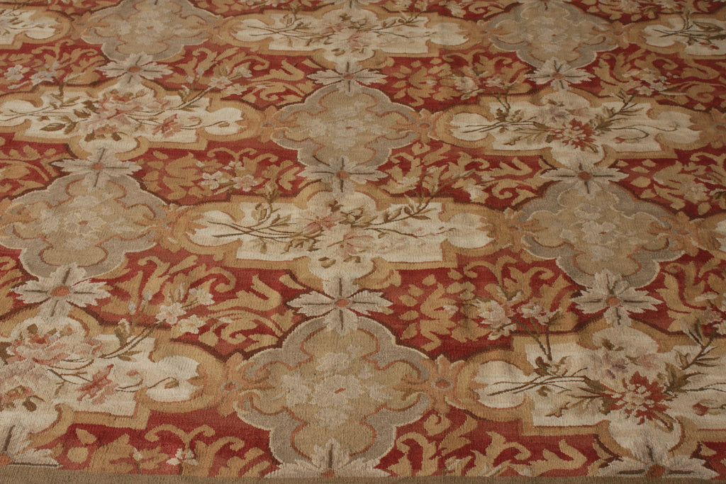 Aubusson Style Flat Weave Hand Woven Beige-Brown Red Floral Pattern - 12442