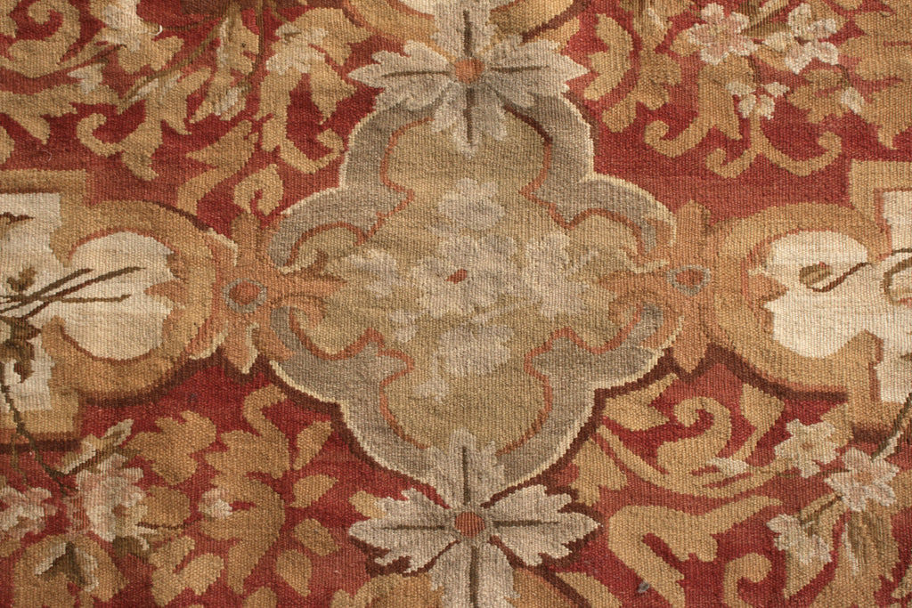 Aubusson Style Flat Weave Hand Woven Beige-Brown Red Floral Pattern - 12442
