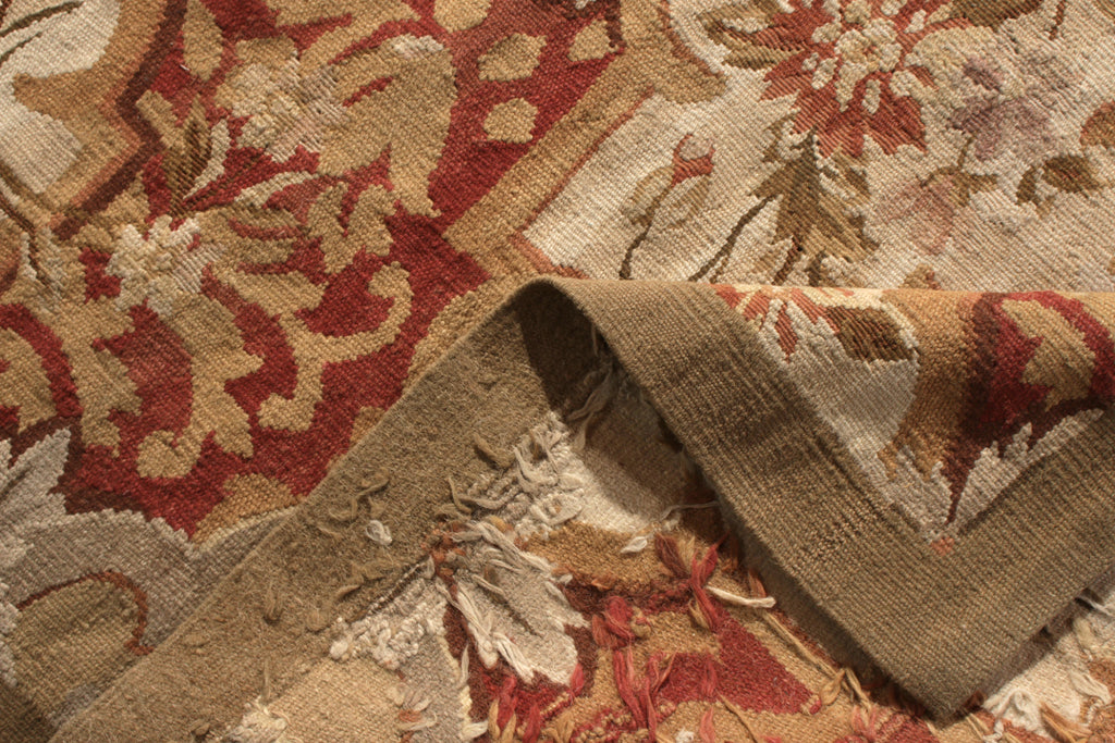 Aubusson Style Flat Weave Hand Woven Beige-Brown Red Floral Pattern - 12442