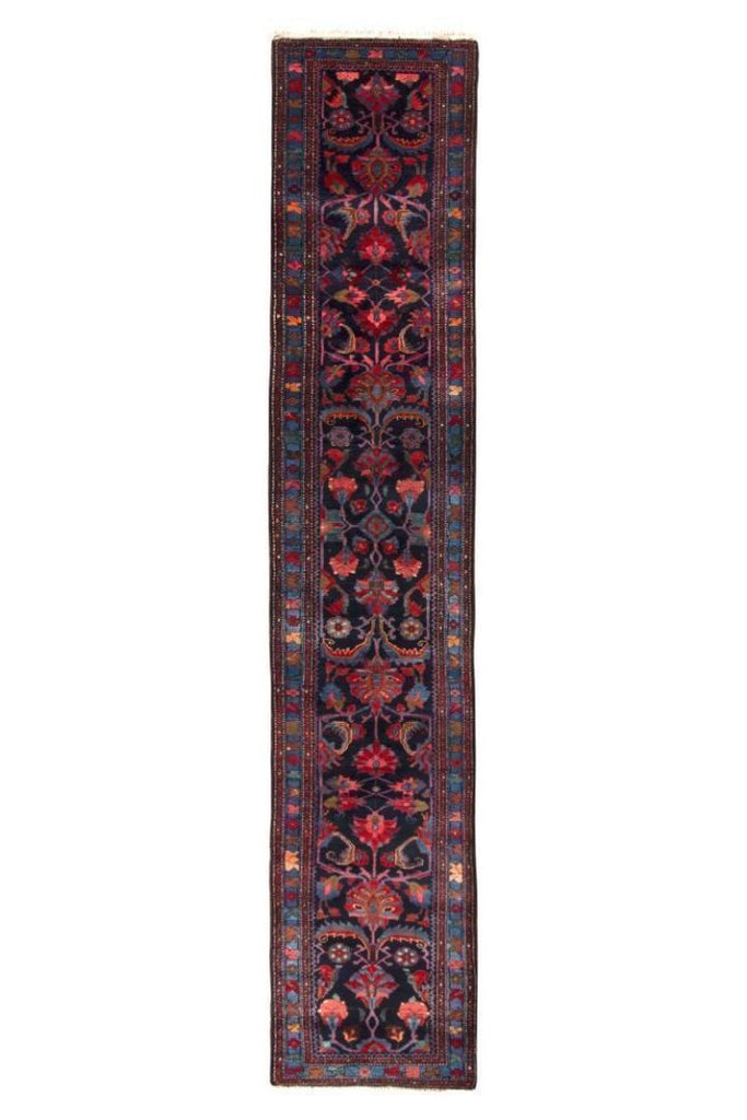 1950s Mid-Century Mehraban Runner Blue Red Persian Floral Rug 12491