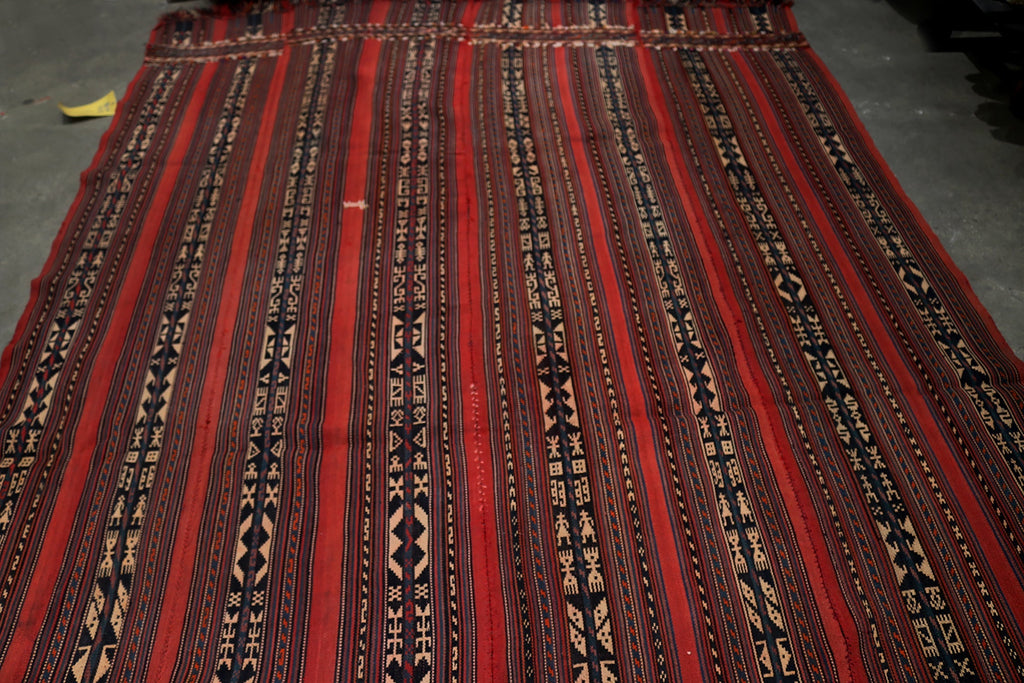 Antique Caucasian Geometric Stripes Beige-Brown Red And Blue Wool - 12552