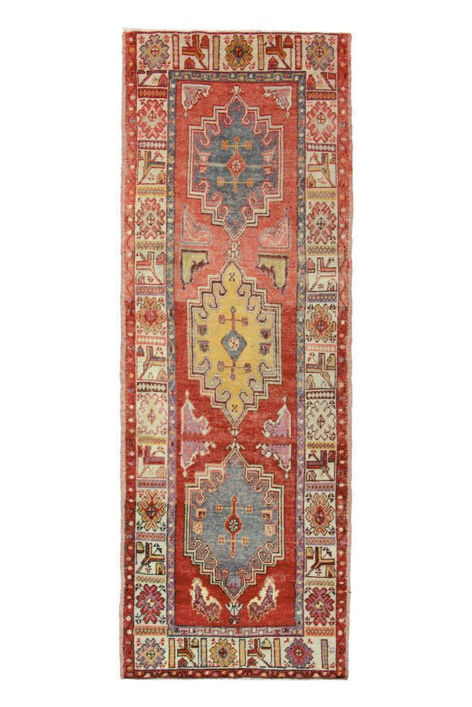 Hand Knotted Vintage Anatolian Runner In Red Blue Gold Medallion Pattern