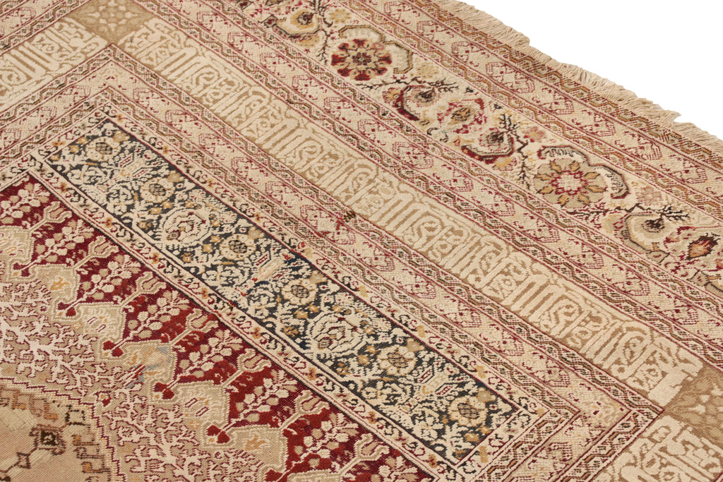 Hand-Knotted Antique Ghiordes Rug In Beige-Brown And Pink Floral Pattern - 12643