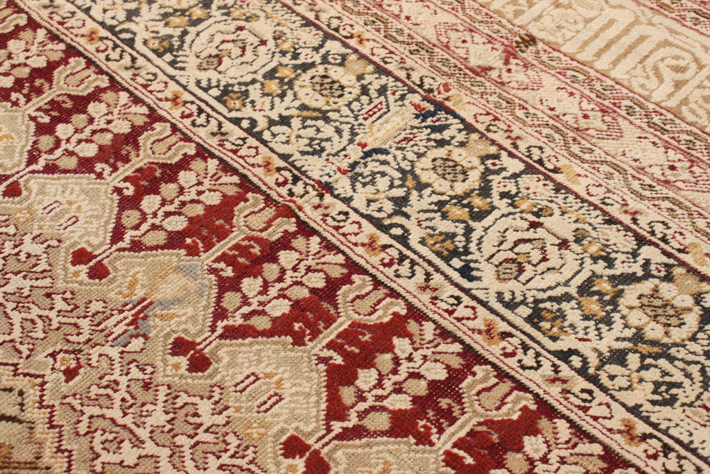Hand-Knotted Antique Ghiordes Rug In Beige-Brown And Pink Floral Pattern - 12643