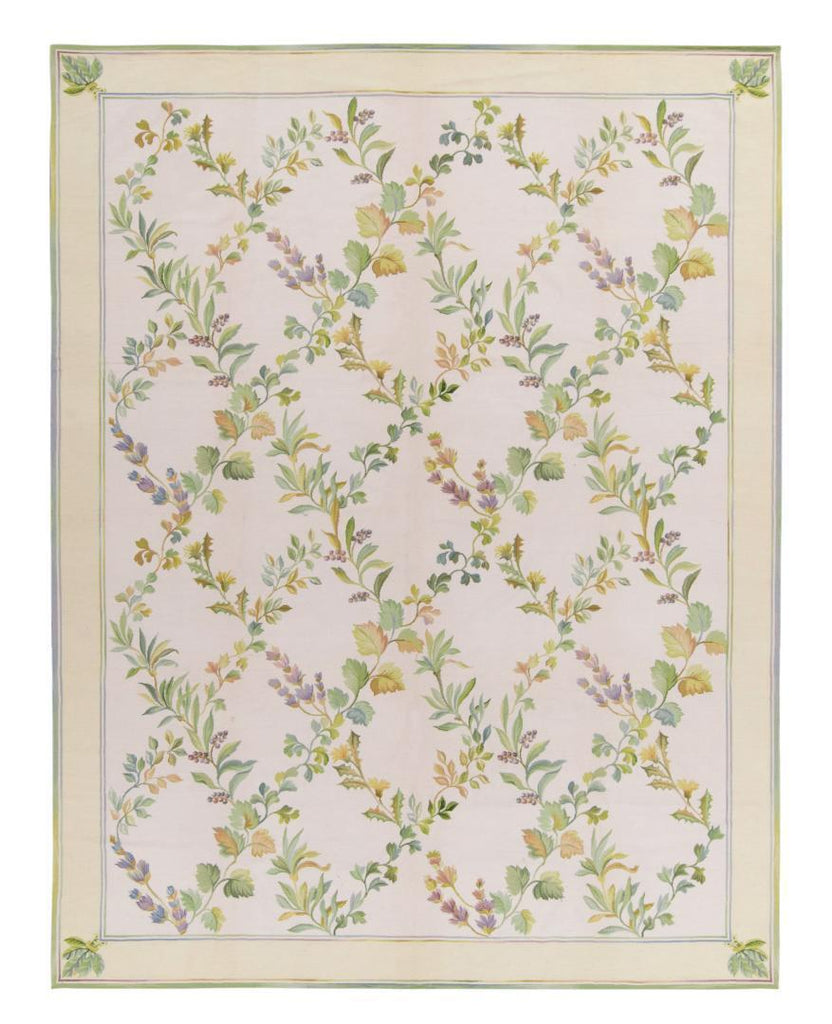 Contemporary Needlepoint Rug In Green Golden Lilac Florals