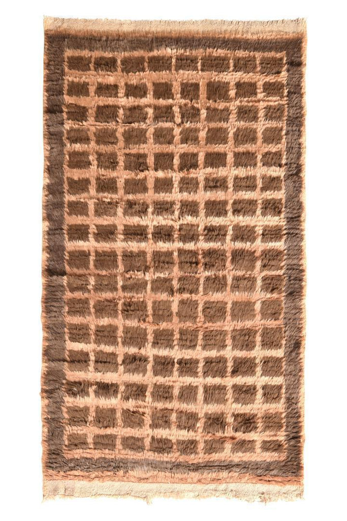 Hand Knotted Vintage Tulu Rug Beige Brown Shag Pile Geometric Pattern 12703