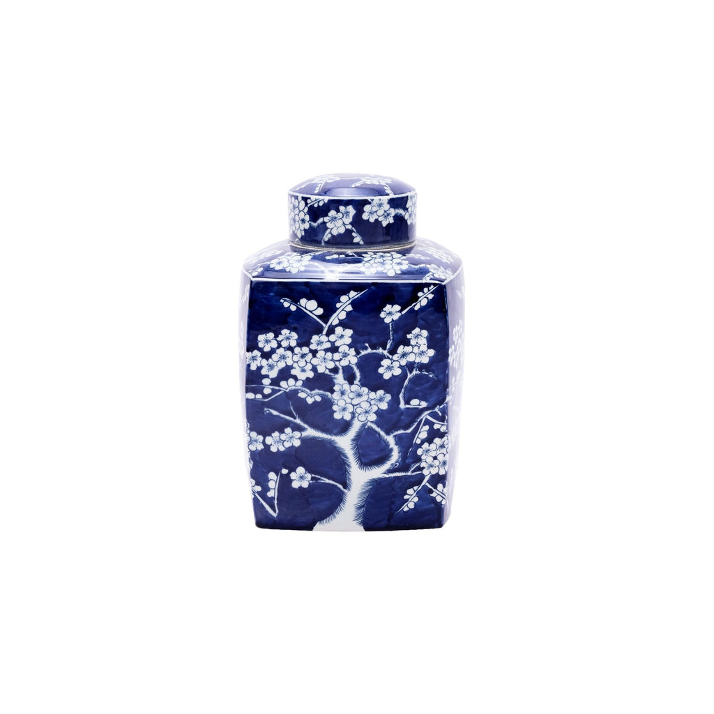 Blue and White Square Tea Jar Plum Motif