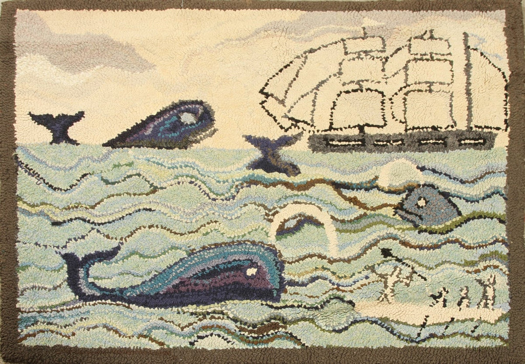 Antique Hand-Hooked Pictorial Beige-Brown Blue And Green Wool Rug - Whales - 12754