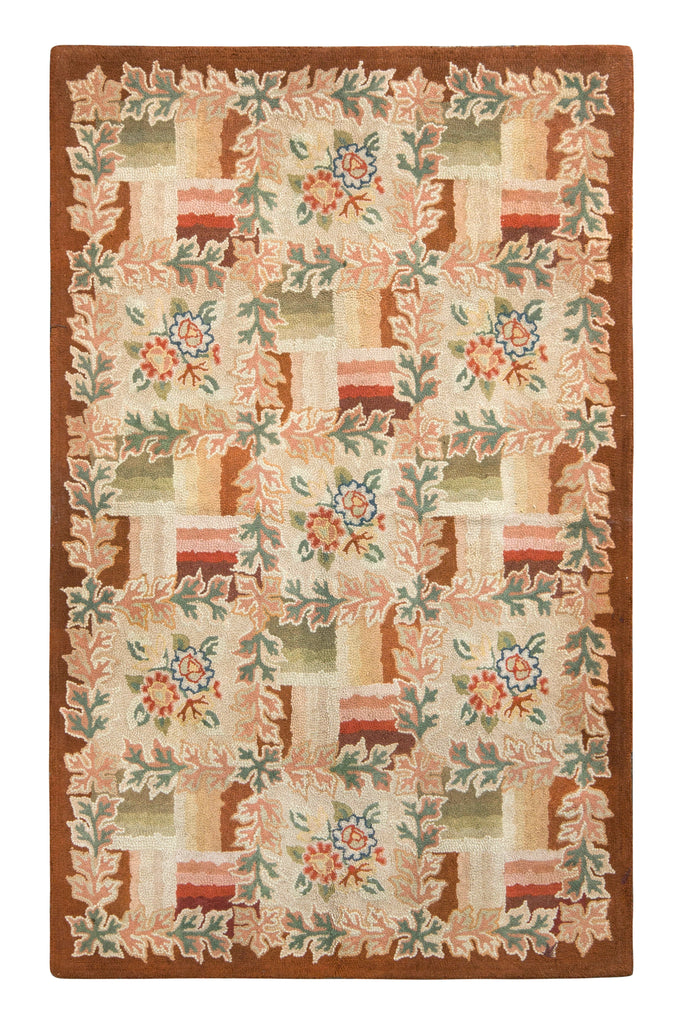 Antique Hand Hooked Rug In Beige Brown And Pink Floral Pattern - 12757