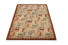 Antique Hand Hooked Rug In Beige Brown And Pink Floral Pattern - 12757