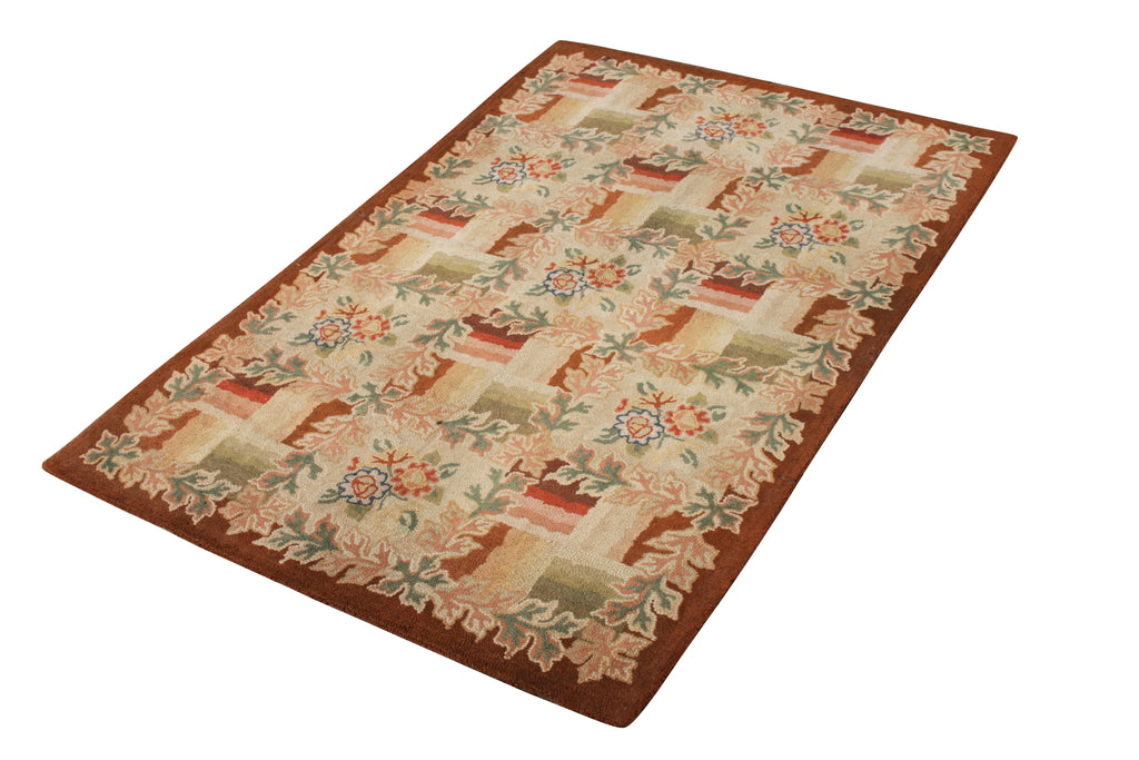 Antique Hand Hooked Rug In Beige Brown And Pink Floral Pattern - 12757