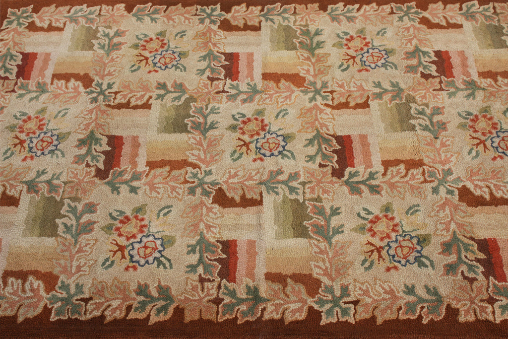 Antique Hand Hooked Rug In Beige Brown And Pink Floral Pattern - 12757