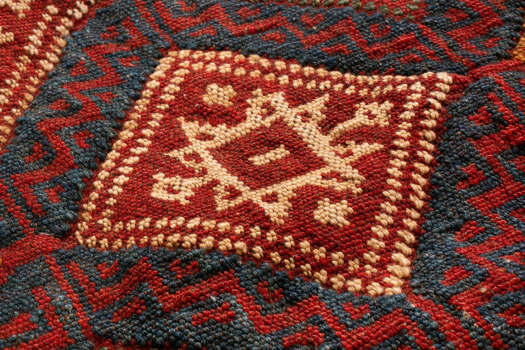 Antique Geometric Beige Brown Blue And Red Wool Kilim Rug - 12768