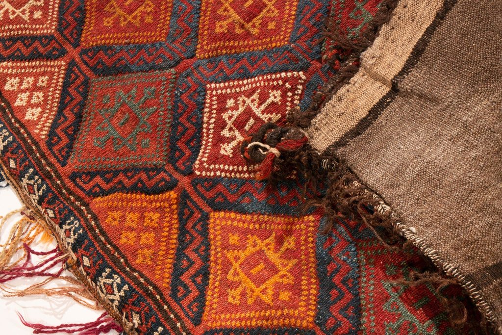 Antique Geometric Beige Brown Blue And Red Wool Kilim Rug - 12768