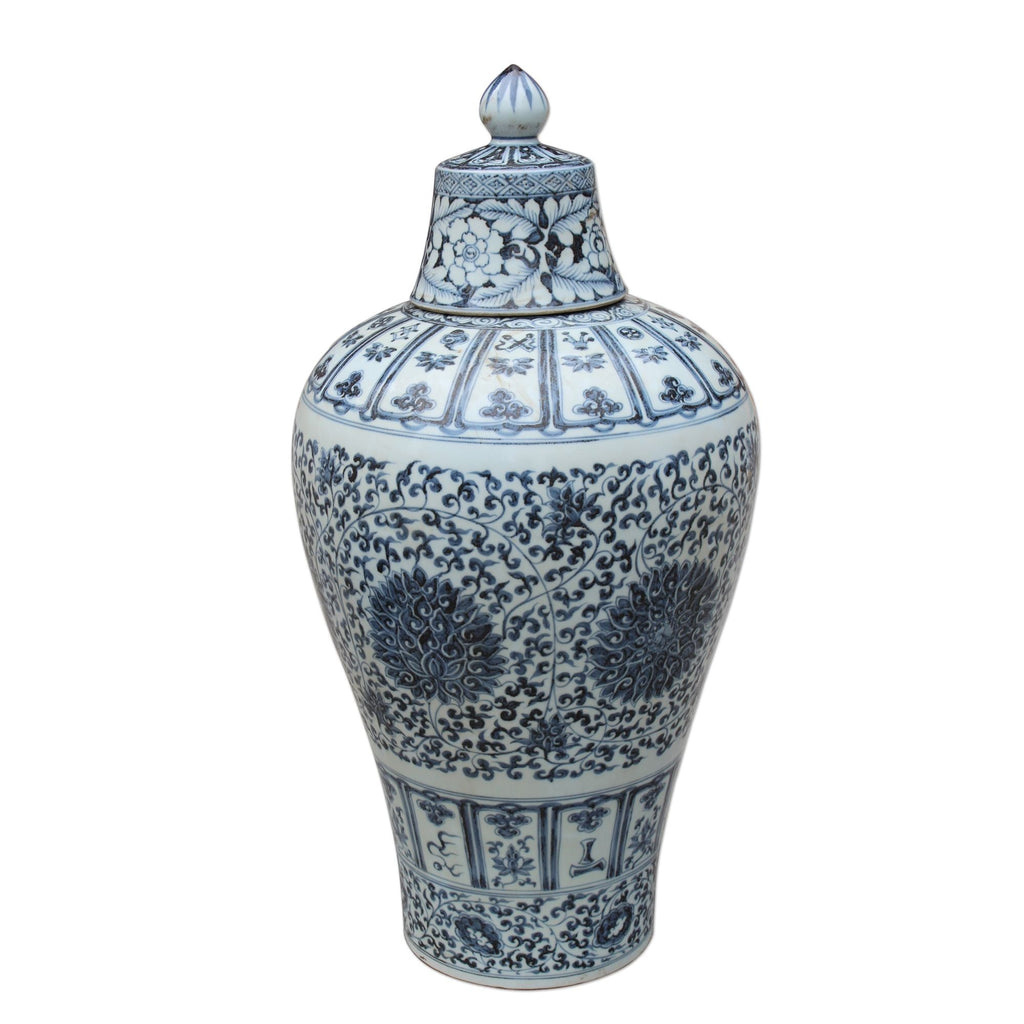 Blue and White Ming Lidded Plum Vase Twisted Lotus Motif