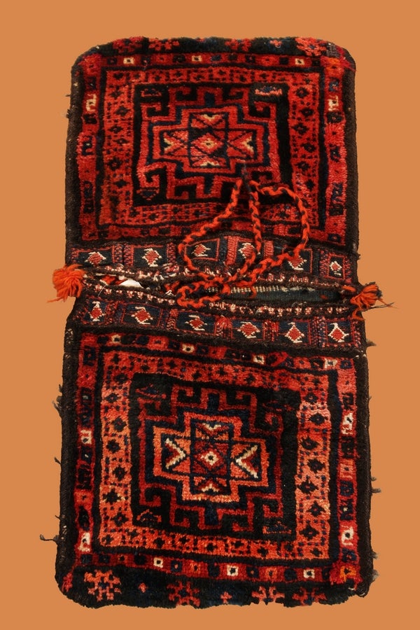 Antique Geometric Blue And Pink-Red Wool Persian Kilim - Bag Rug - 12785