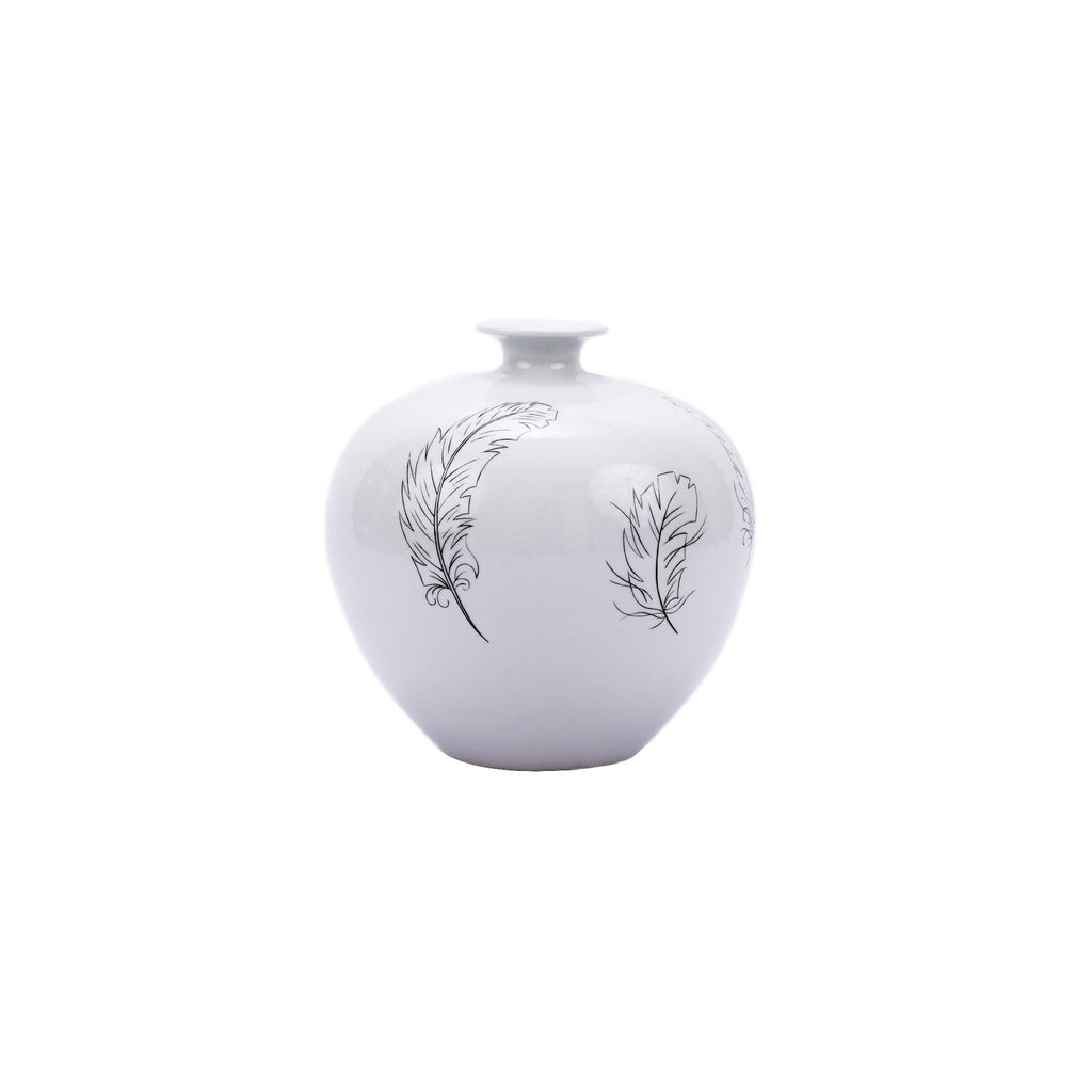 White Pomegranate Vase With Black Feathers