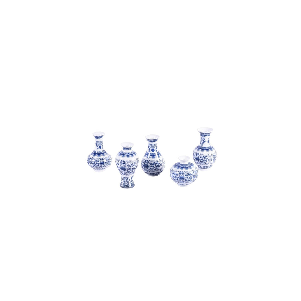 Blue and White Curly Vine Bud Vases Set of 5