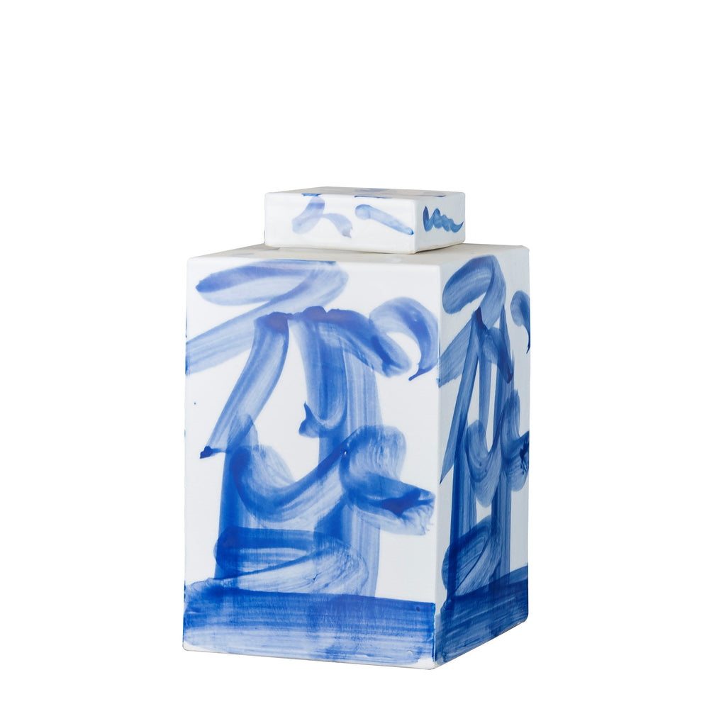 Blue And White Brushstroke Square Tea Jar