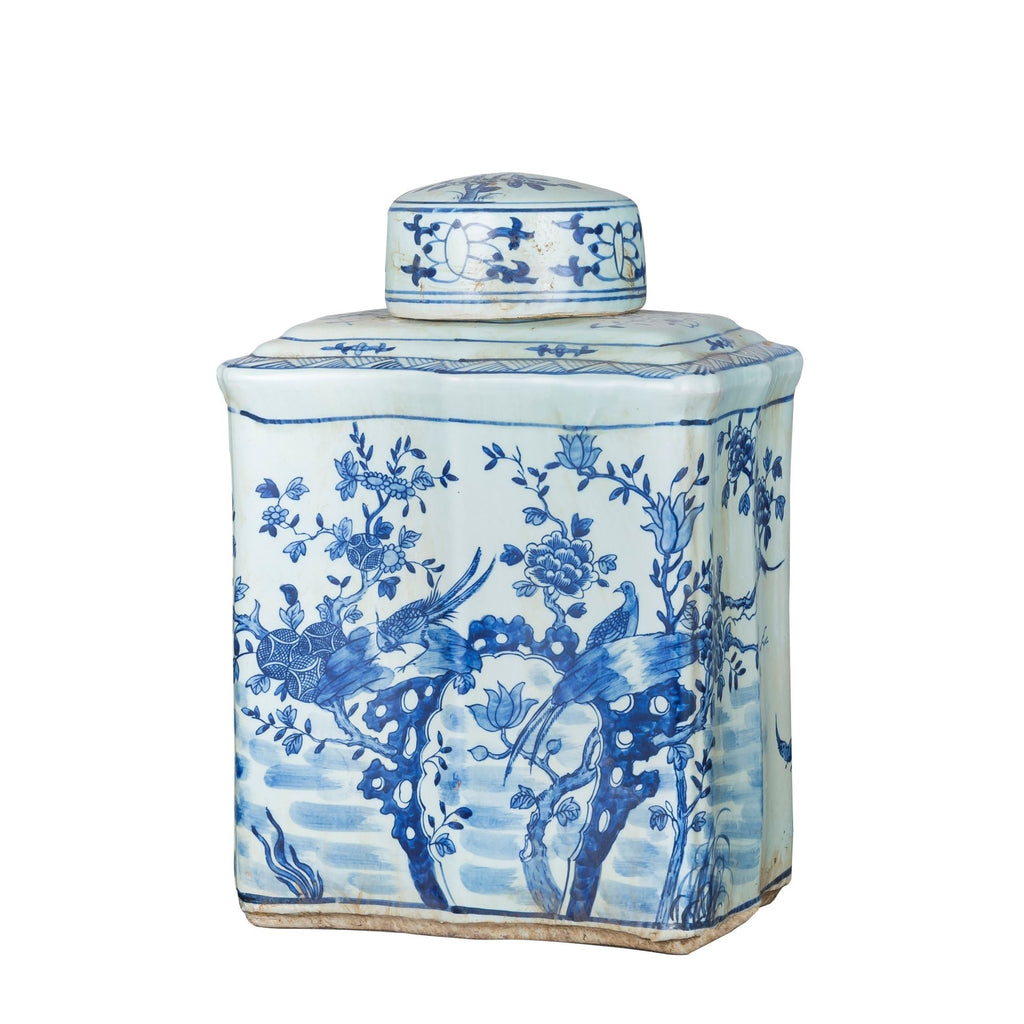 Blue And White Curved Tea Jar Bird Floral Design