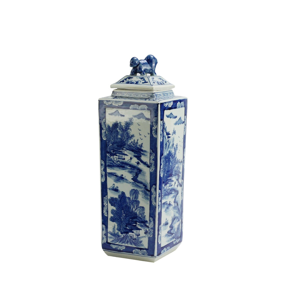 Blue And White Tall Square Jar Landscape