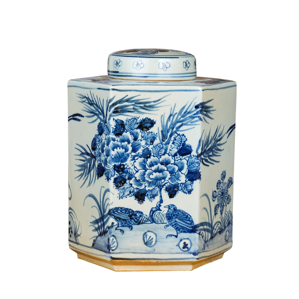 Blue and White Hexagonal Flower Bird Tea Jar