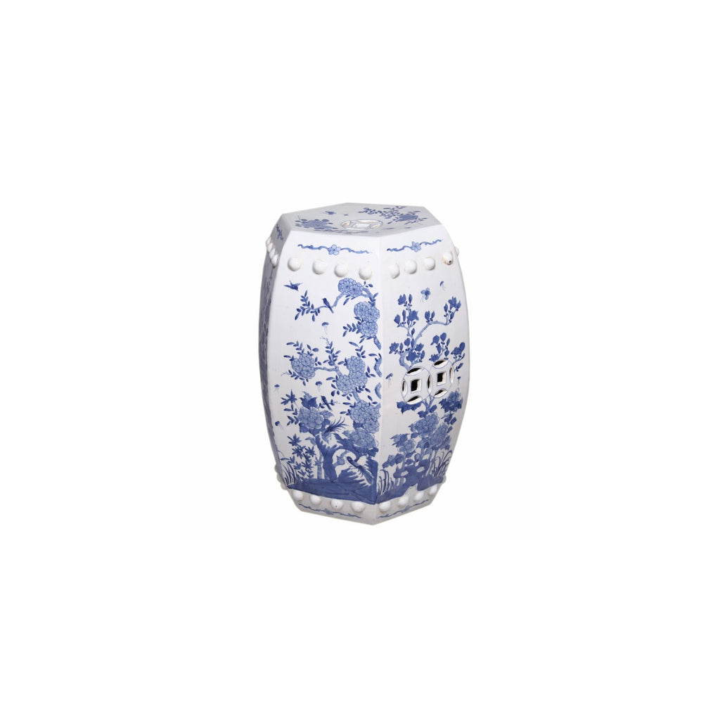 Hexagonal Blue and White Floral Bird Garden Stool