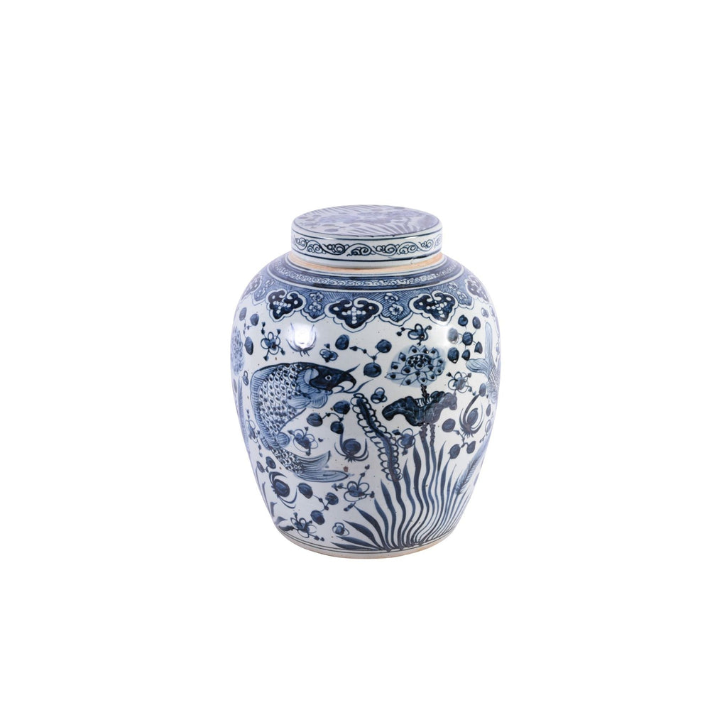 Blue and White Ancestor Lidded Jar Fish Motif