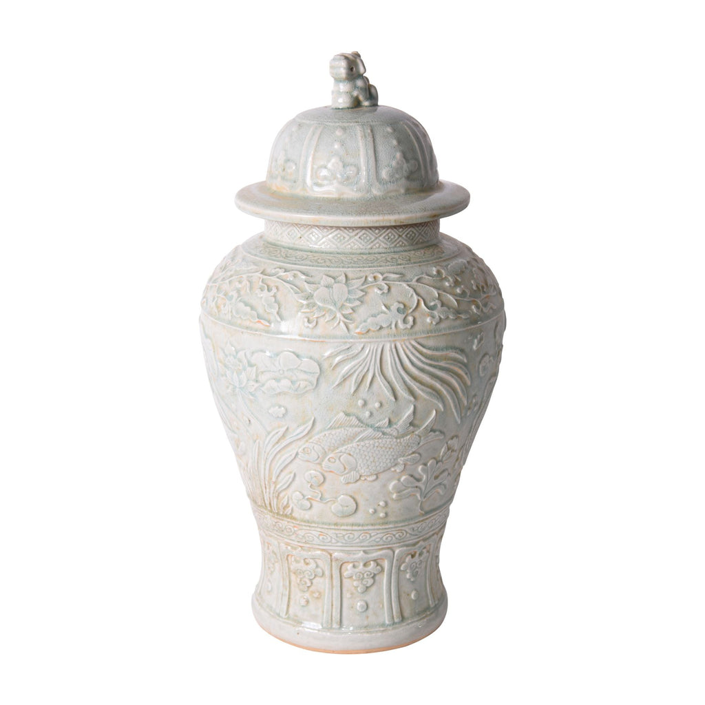 Sage Green Embossed Fish Temple Jar