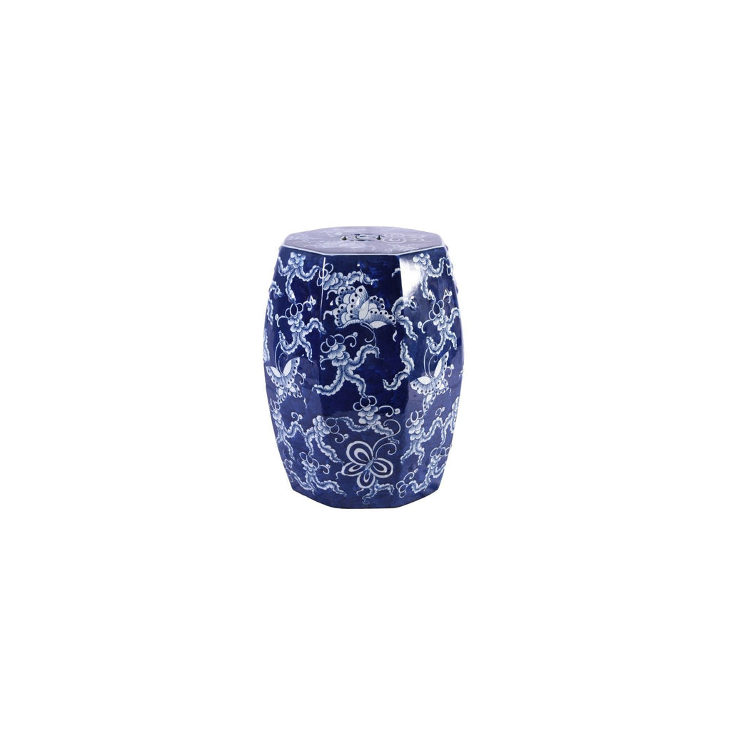 Blue and White Octagonal Butterfly Garden Stool