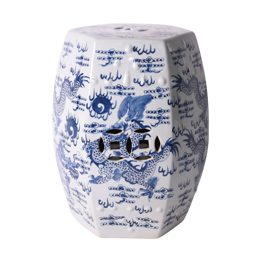 Blue And White Porcelain Hex Fire Ball Dragon Garden Stool