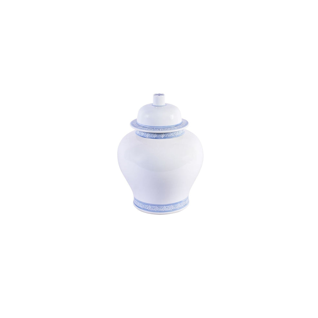 Blue and White Porcelain Temple Jar With Greek Key Trim