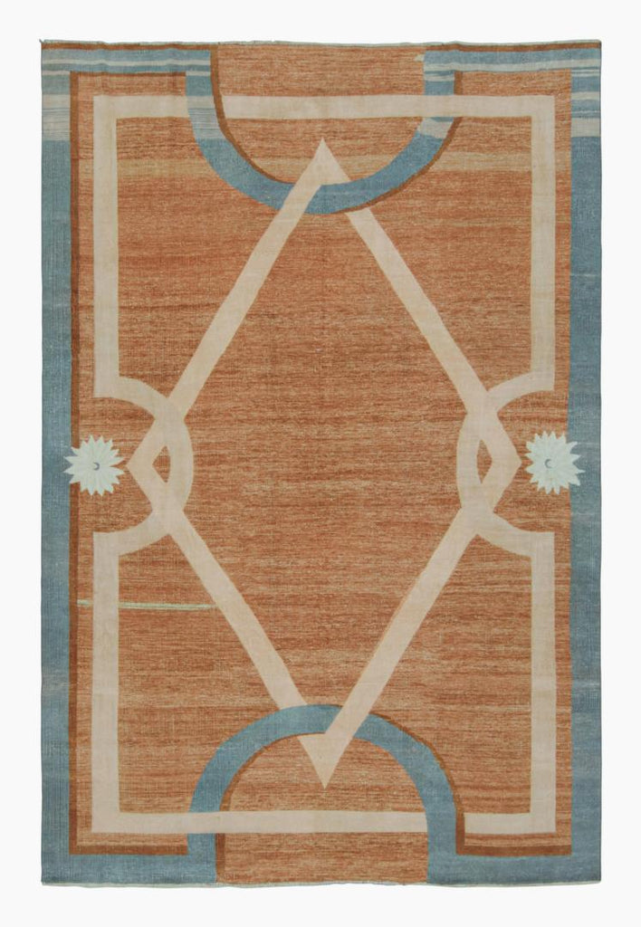 Modern French Art Deco Rug in Orange with Geometric Pattern