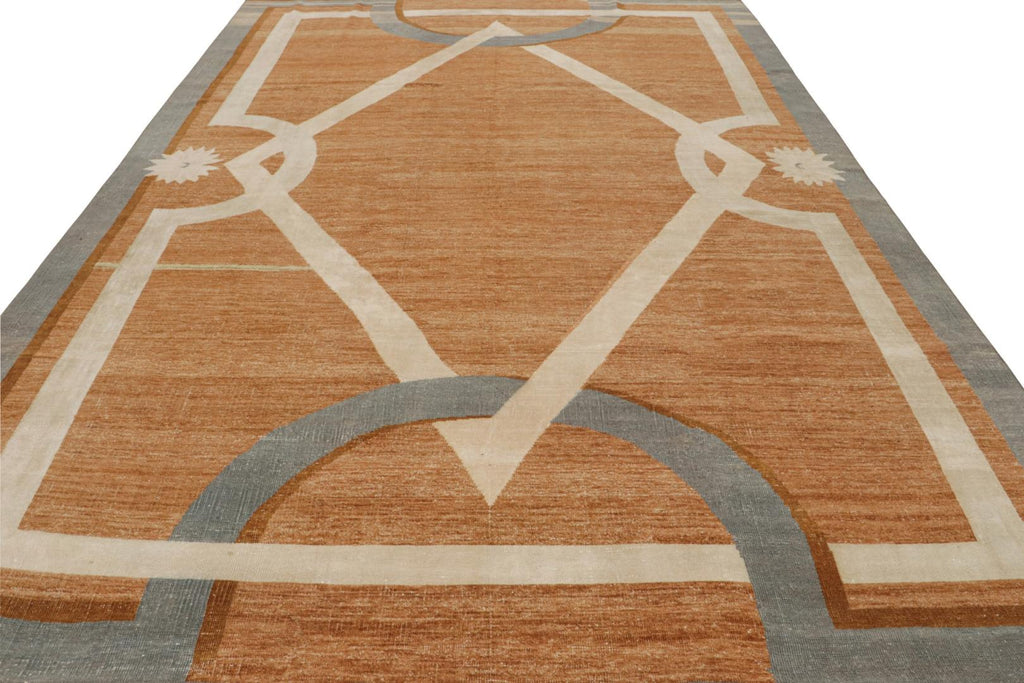 Modern French Art Deco Rug in Orange with Geometric Pattern